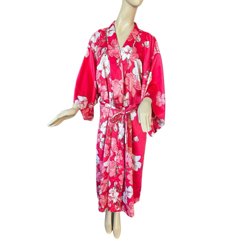 NATORI PINK‎ MAGNOLIA FLORAL CHARMEUSE ROBE LARGE SILKY LOUNGE QUIET LUXURY EUC